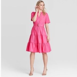 Who What Wear pink flounce midi dress